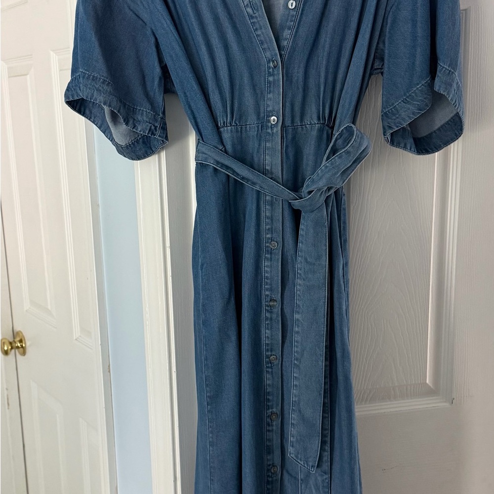 H&M Blue Denim Maxi Shirt Dress with Waist Tie